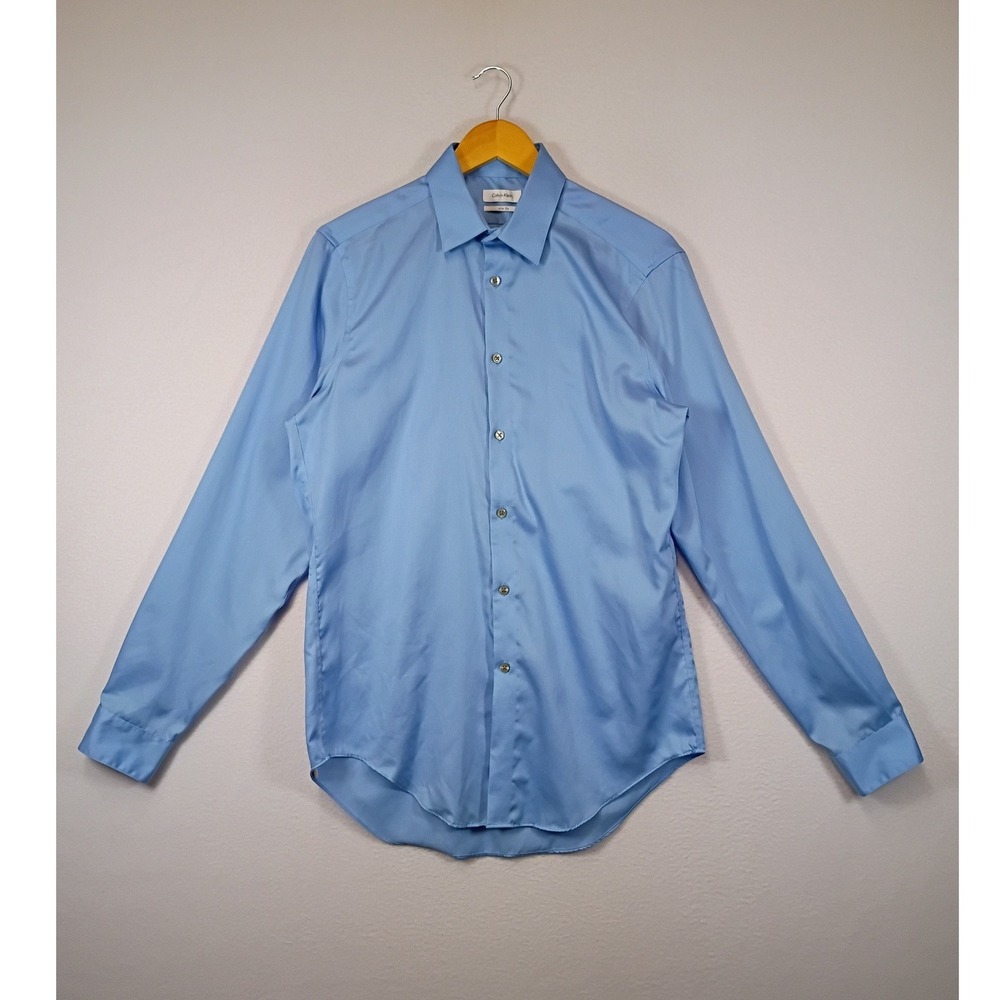Professional Calvin Klein Mens Medium Blue Slim Fit Cotton Button Down Shirt